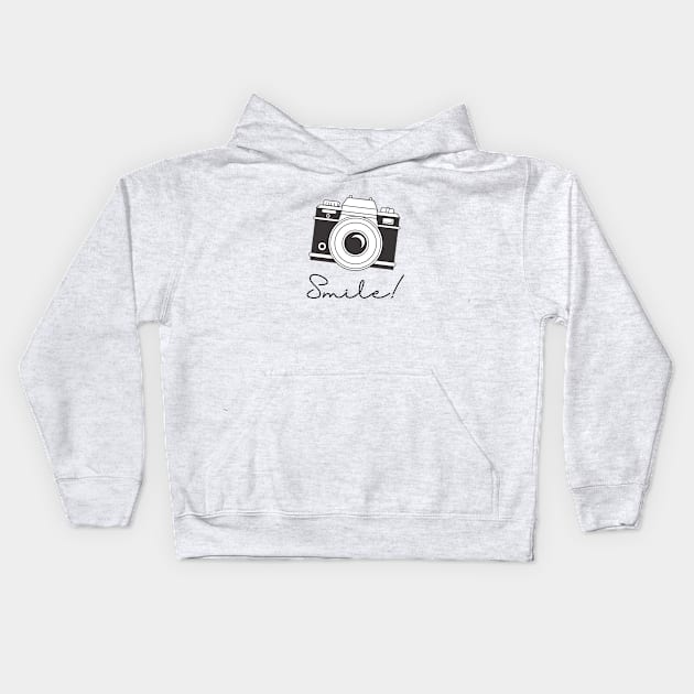 Smile to the camera t-shirt. Travel and adventures Kids Hoodie by Monkey Mindset